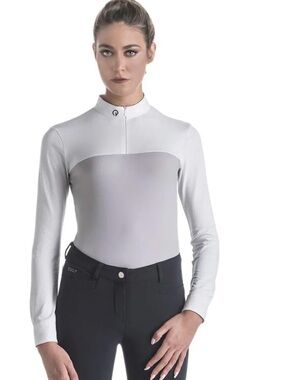 Ego7 White and Light Gray Long-Sleeve Equestrian Show Top